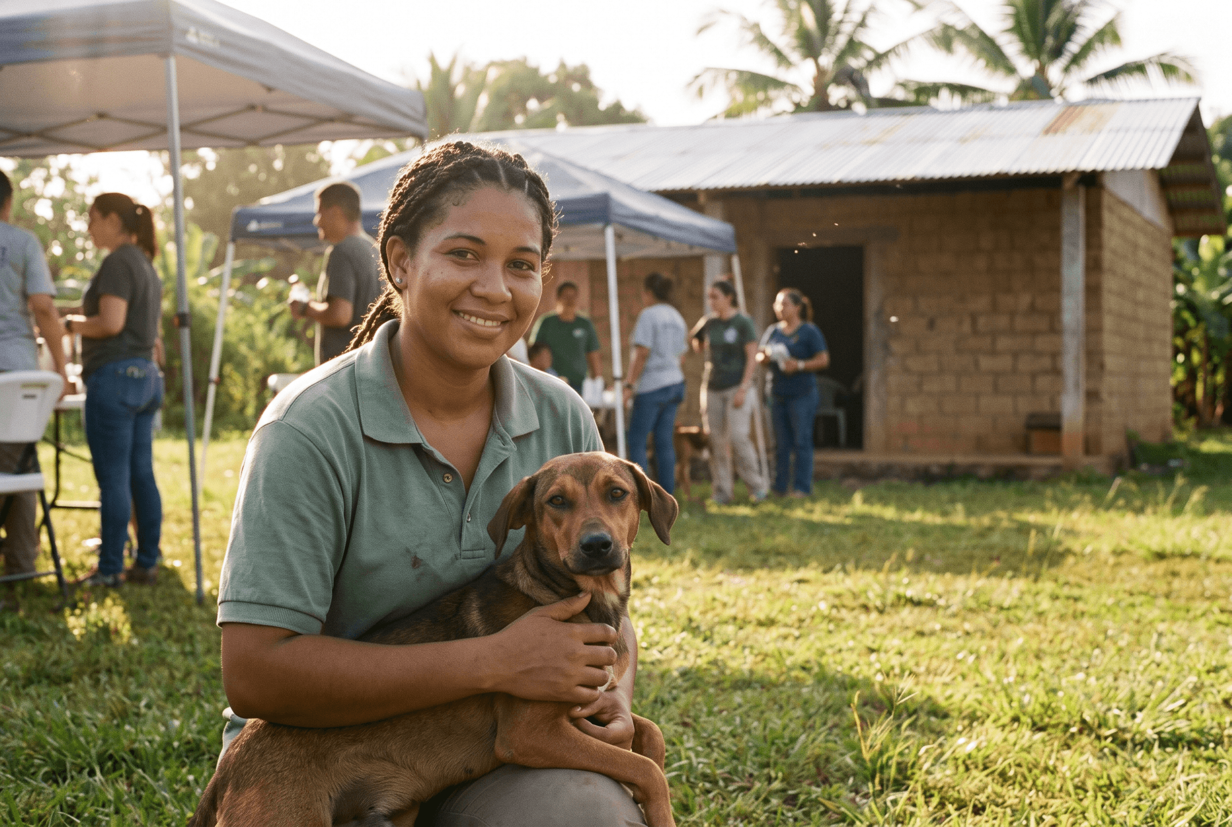 Voluntaria de Colitas Coclé con un perro rescatado durante una jornada de esterilización